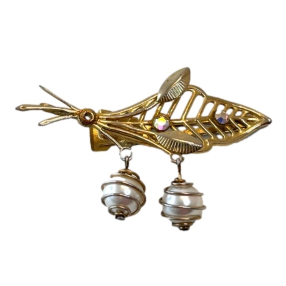 Japan Vintage Hair Clip With Dangling Caged Faux Pearls